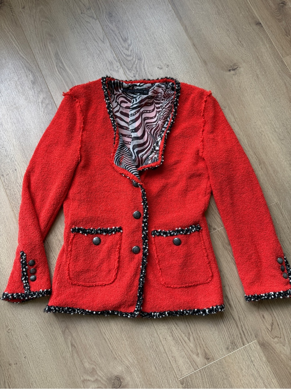 Zara Woman red orange fantasy boucle blazer size M with zebra pattern lining
